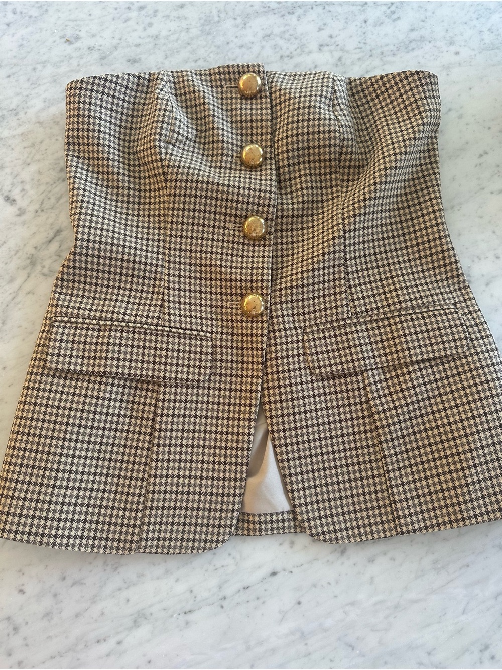 Houndstooth Strapless Bustier Top with Gold Buttons - 4th and Reckless